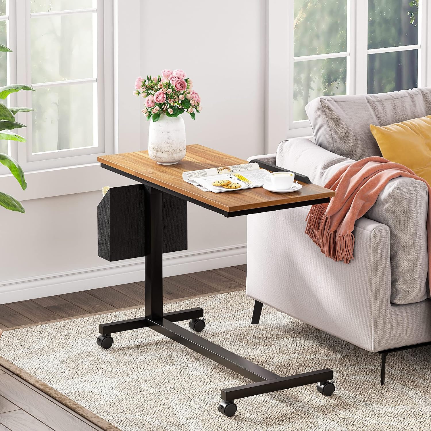 Tribesigns Height Adjustable C Shaped End Table with Wheels and Side Pocket, Mobile Sofa Snack Table with Tiltable Drawing Board, Laptop Side Tray Table for Couch Bed (Walnut Brown)