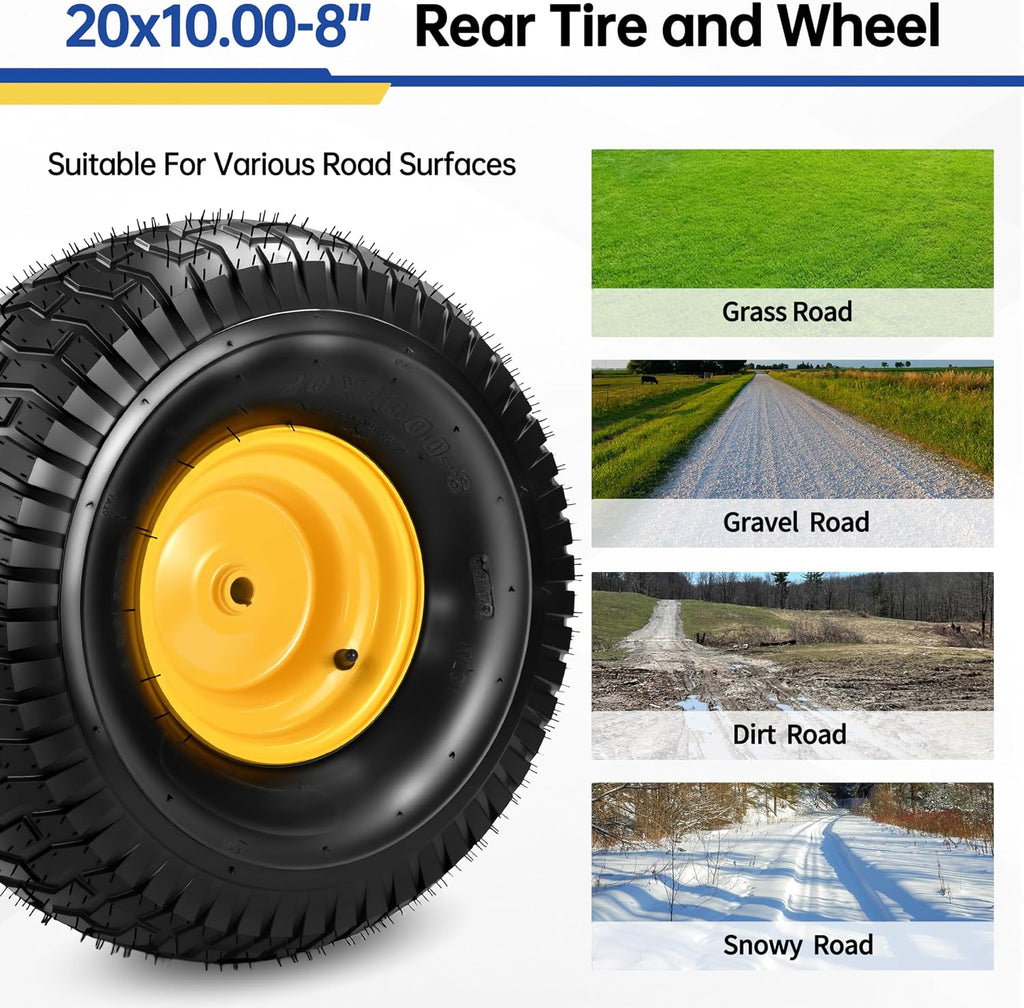 2 Pcs 20x10.00-8 Tubeless Lawn Mower Tire and Wheel, 20x10-8 Air-Filled Rear Tire and Rim Assembly for Riding Mowers, Lawn Tractors, Garden Tractors, 3/4' Bore, 3/16' Keyway, 3.5' Offset Hub, 4 Ply