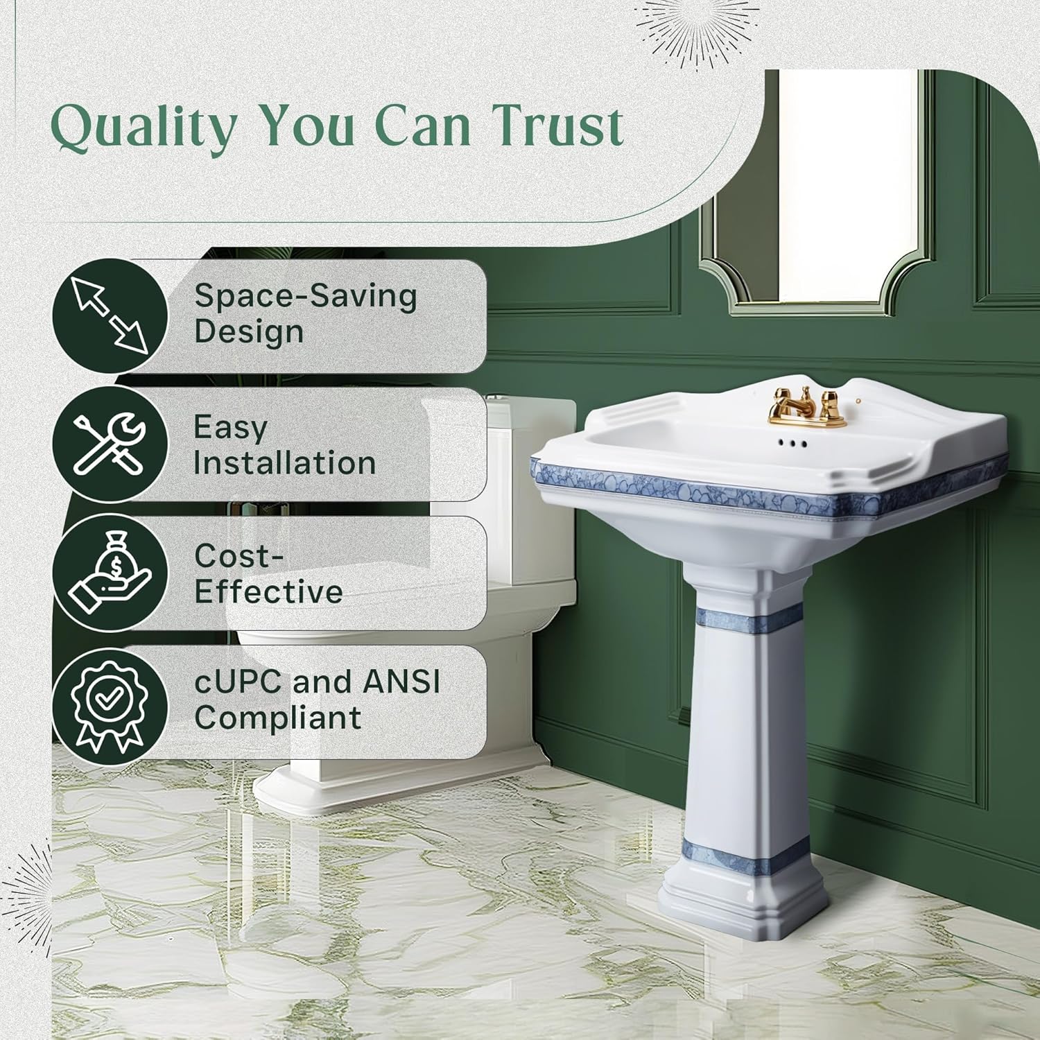 Renovators Supply Manufacturing India Reserve 23' W x 34.25' H x 18.5' Proj. Ornate Blue Gold Bathroom Pedestal Sink, Vitreous China, Compatible with 4 in. Centerset Faucets