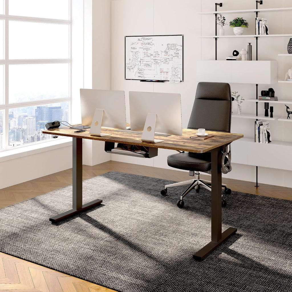 FLEXISPOT EN2 Whole-Piece Standing Desk with Clamp Power Strip, 55 x 28 Electric Stand Up Height Adjustable Desk with Cable Management (Black Frame + 55' Rustic Brown Desktop, 2 Packages)