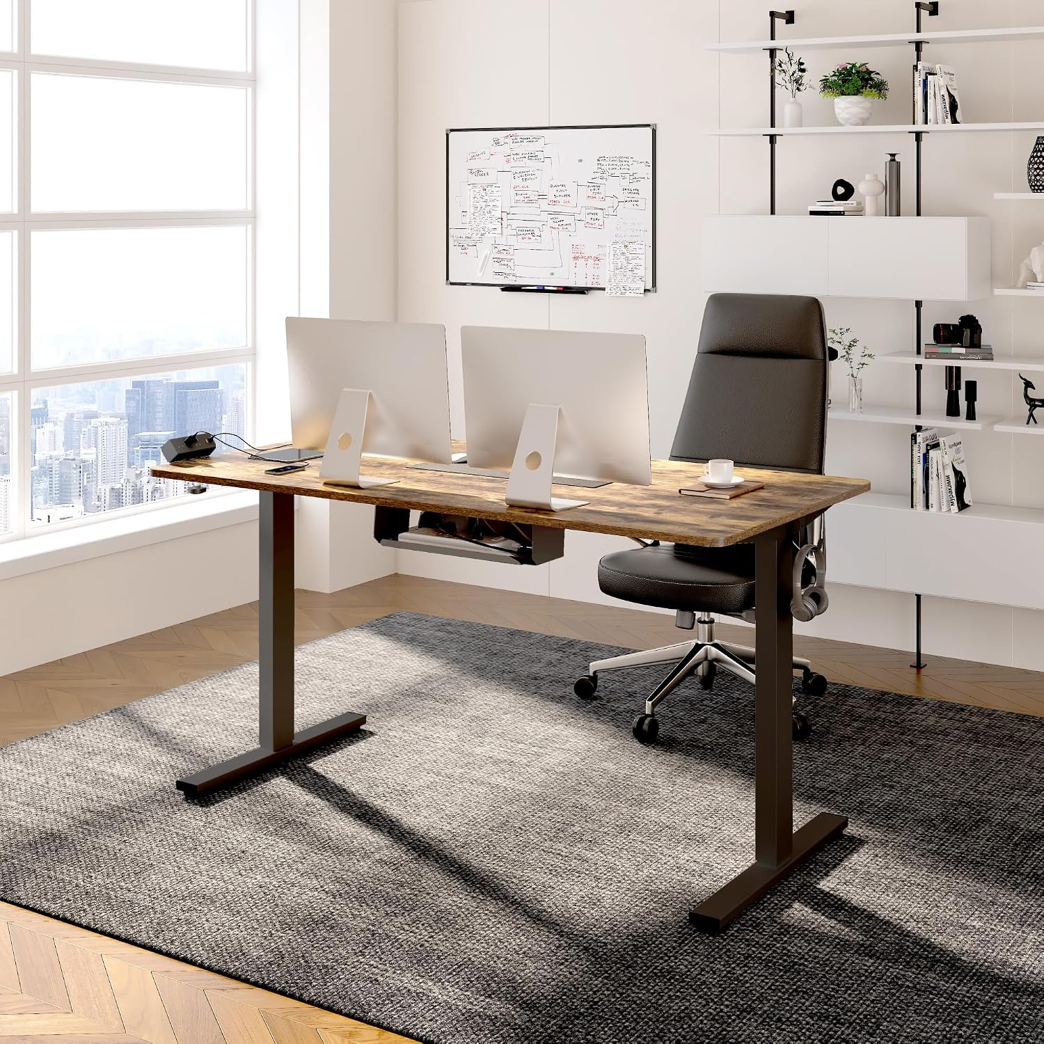 FLEXISPOT EN2 Whole-Piece Standing Desk with Clamp Power Strip, 55 x 28 Electric Stand Up Height Adjustable Desk with Cable Management (Black Frame + 55' Rustic Brown Desktop, 2 Packages)
