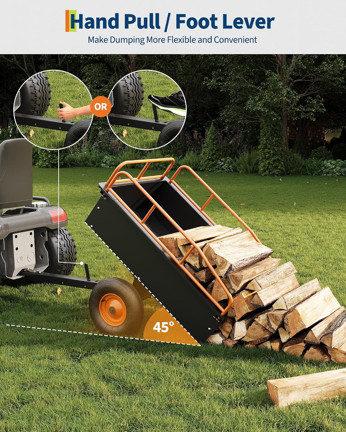GarveeLife Heavy Duty ATV Trailer Steel Dump Cart, 750 LBS 15 Cubic Feet, Garden Utility with Removable Sides for Riding Lawn Mower Tractor