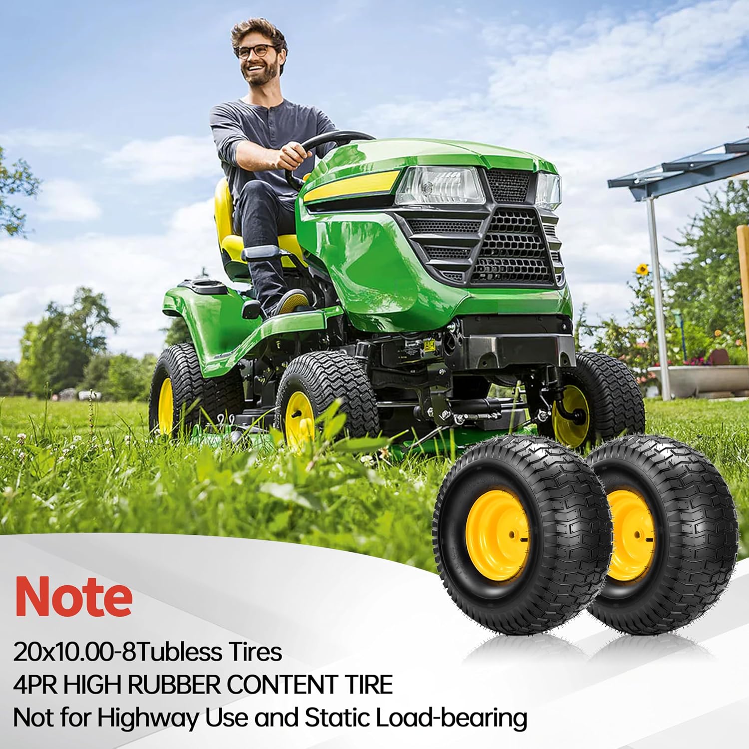 2PCS 20x10.00-8 Tubeless Lawn Mower Tire and Wheel, Replacement 20x10-8nhs Riding Lawn Mower and Tractor Rear Tire and Wheel Assemblies. 3/4' Borehole, and 3/16' Keyway, 3.5'Offset Hub, 4 Ply,1190 Lbs