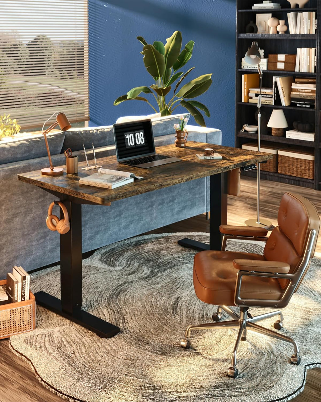 FLEXISPOT EN1 One-Piece Standing Desk, Electric Adjustable with 4 Memory Presets, 176 LBS Capacity, Stable & Quiet, Seamless Desktop for Home Office & Dual Monitors, 55'x28' Rustic Brown