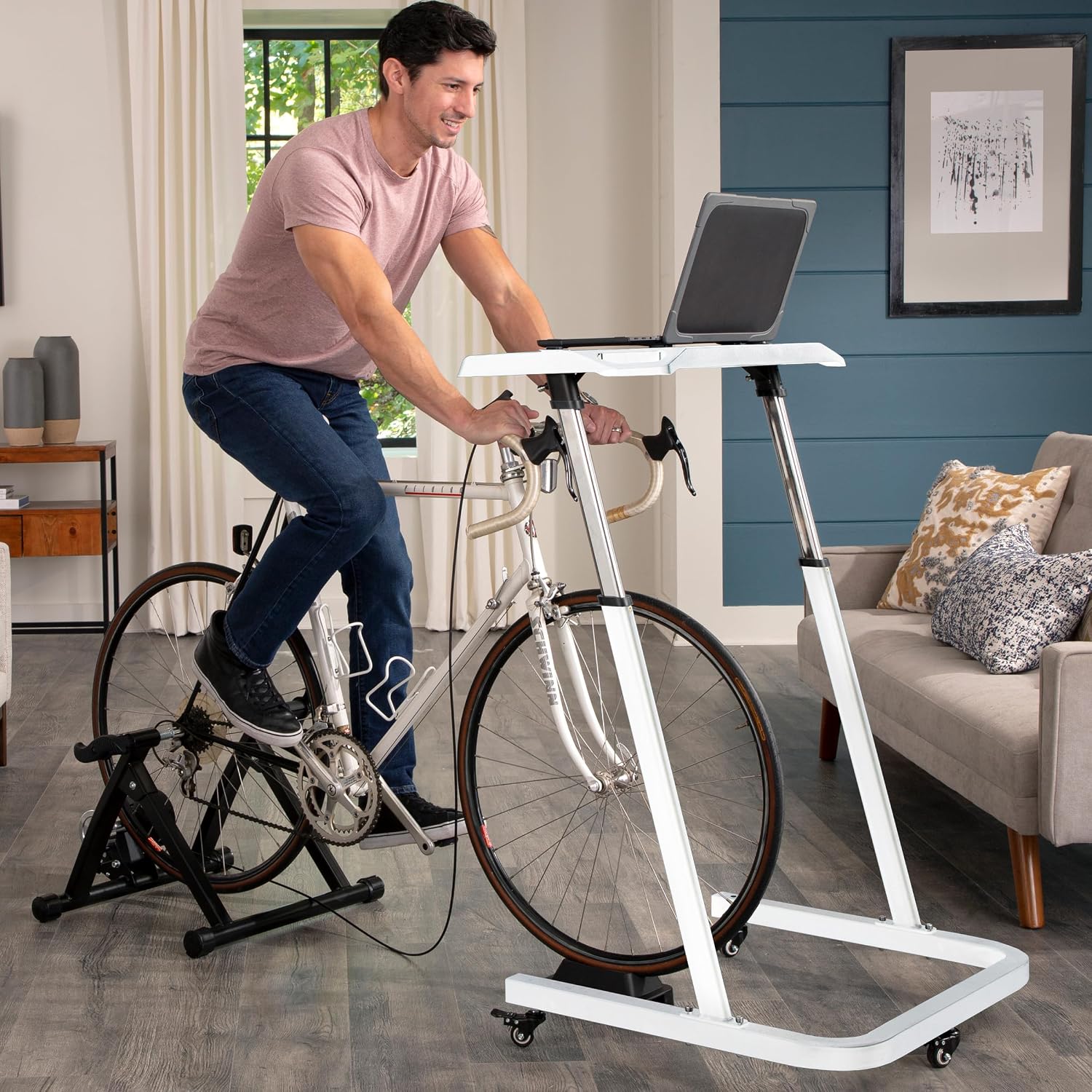 Bike Desk - Rolling Laptop Cart for Stationary Bike or Trainer - Adjustable Standing Desk to Exercise While Working or Watching TV by RAD Cycle