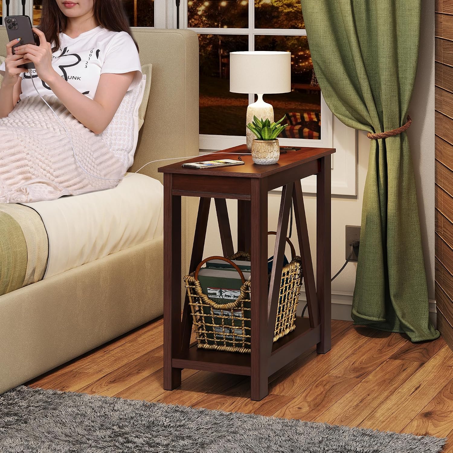 WLIVE End Tables Living Room Set of 2 with Charging Station, Sofa Side Tables with Open Storage Shelf, Slim Farmhouse End Table Sets, Espresso