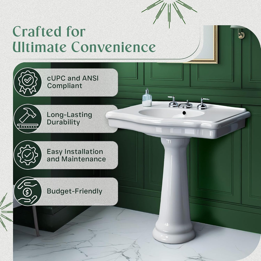 Renovators Supply Manufacturing Darbyshire 34'W x 22.5' D x 32' H Large Bathroom Pedestal Sink. Vitreous China with Overflow, 8 in. Widespread Faucet Holes