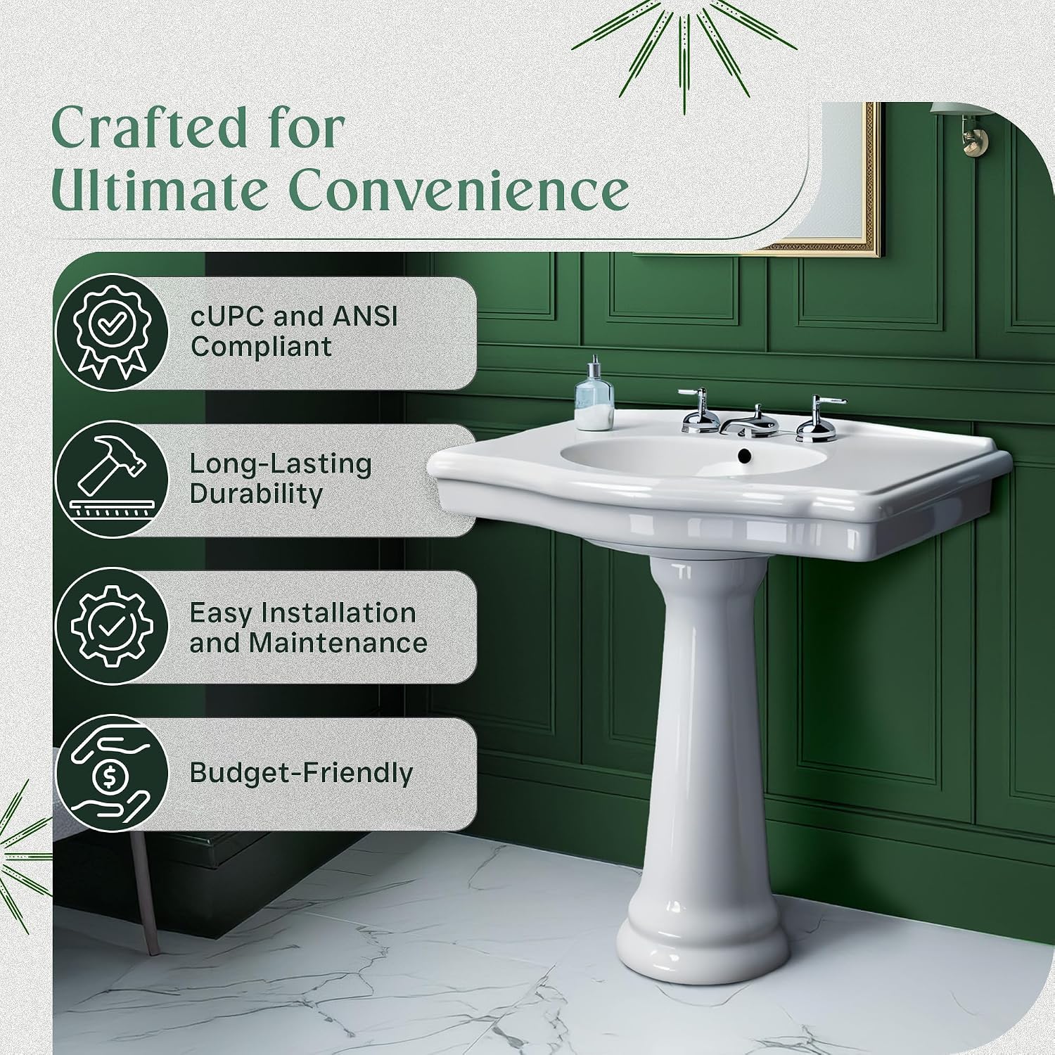Renovators Supply Manufacturing Darbyshire 34'W x 22.5' D x 32' H Large Bathroom Pedestal Sink. Vitreous China with Overflow, 8 in. Widespread Faucet Holes