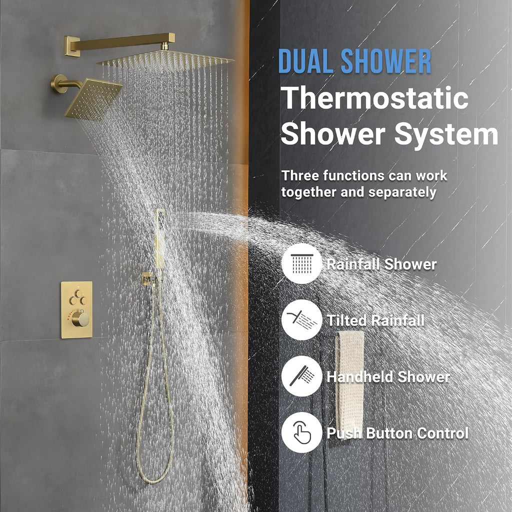 Thermostatic Dual Shower Heads System with Wall Mount 12-Inch Rainfall Shower & 6-Inch Shower Head, Brushed Gold Bathroom Shower Faucet Set with High Pressure Handheld Sprayer