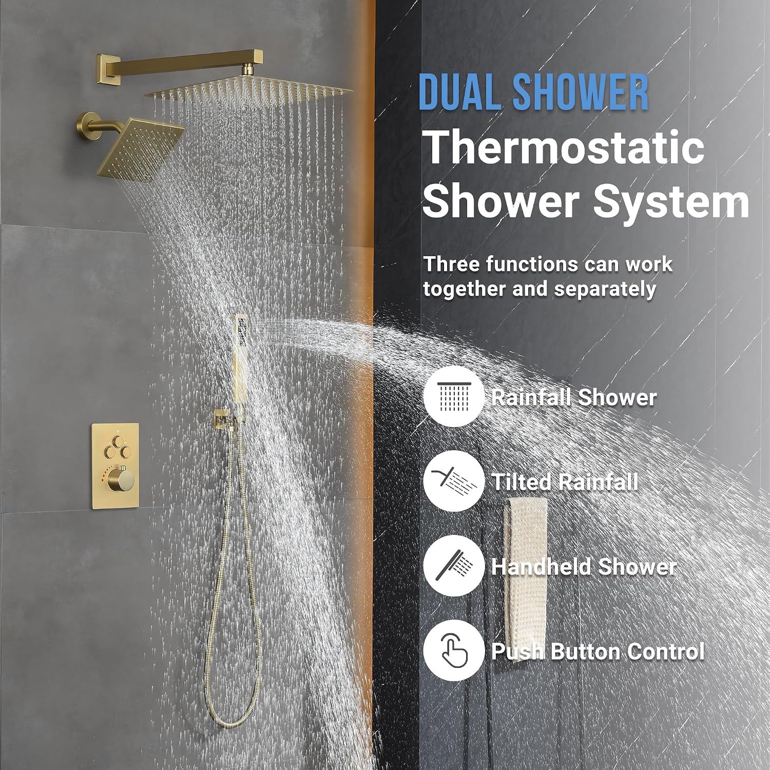 Thermostatic Dual Shower Heads System with Wall Mount 12-Inch Rainfall Shower & 6-Inch Shower Head, Brushed Gold Bathroom Shower Faucet Set with High Pressure Handheld Sprayer