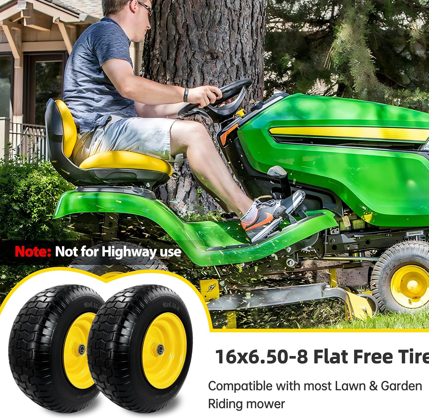 2Pcs 16×6.50-8 Tire and Wheel with 1 Inch Axle, Flat Free 16x6.5-8 Lawn Mower Tire, with 3/4' Bearing & 1' Bushing, 3-5' Offset Hub, for Lawn&Garden Riding Tractors Front Assembly Replacement, 550lbs