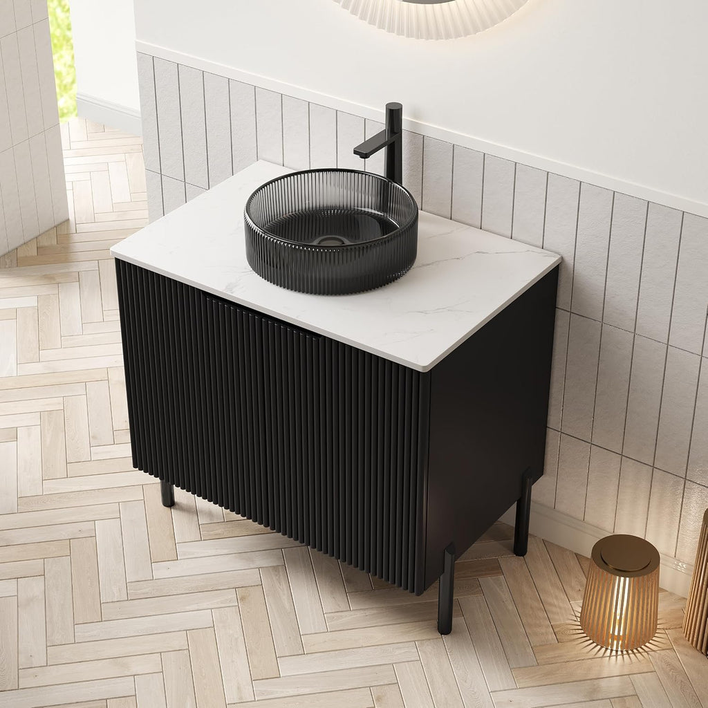 30' Bathroom Vanity with Sink, Modern Bathroom Vanities with 2 Soft-Closing Doors, Freestanding Bathroom Cabinet with Ceramic Basin and Carrara White Sintered Stone Counter Top-Colmar, Black/G