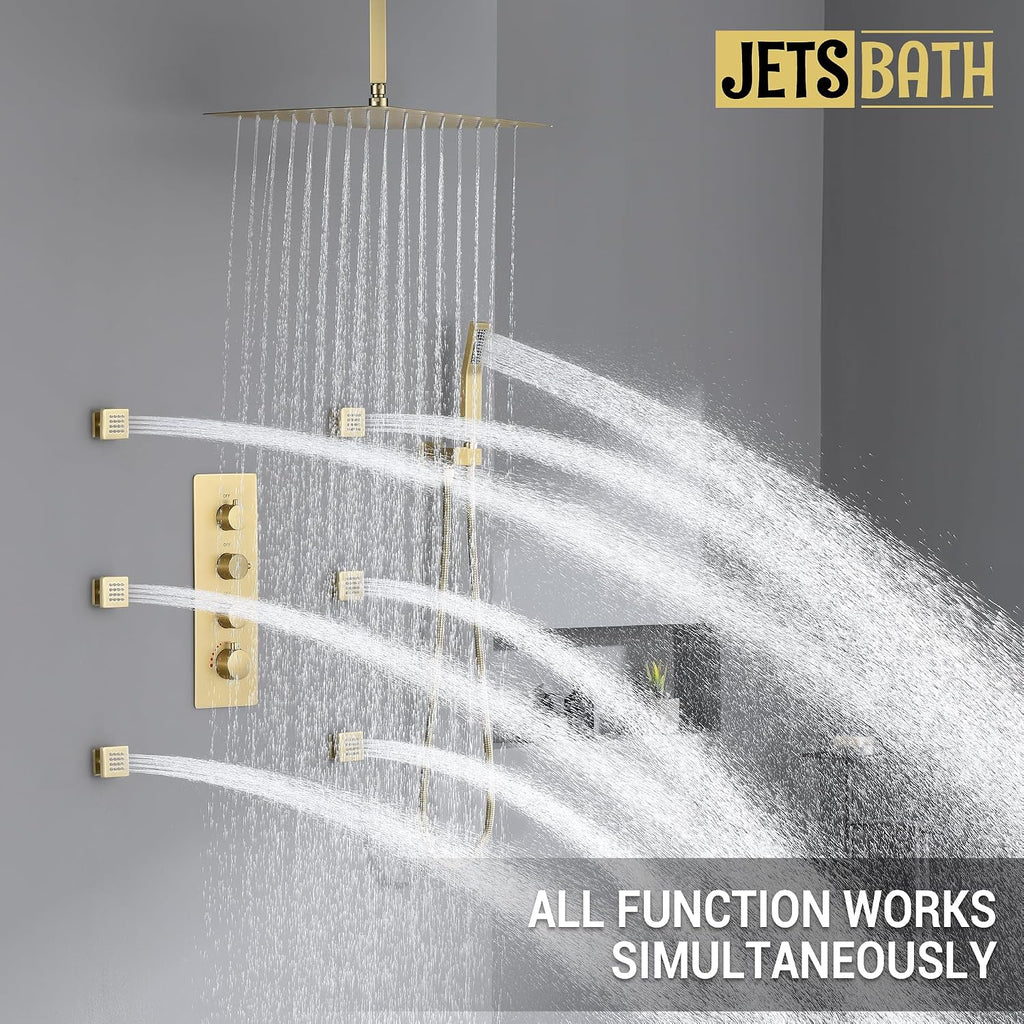 Brushed Gold Thermostatic Shower System with 6 Body Jets & 16-Inch Ceiling Rainfall Shower Head Luxury Full Body Shower Faucet with Handheld Sprayer, Shower Fixtures Set with Valve and Trim