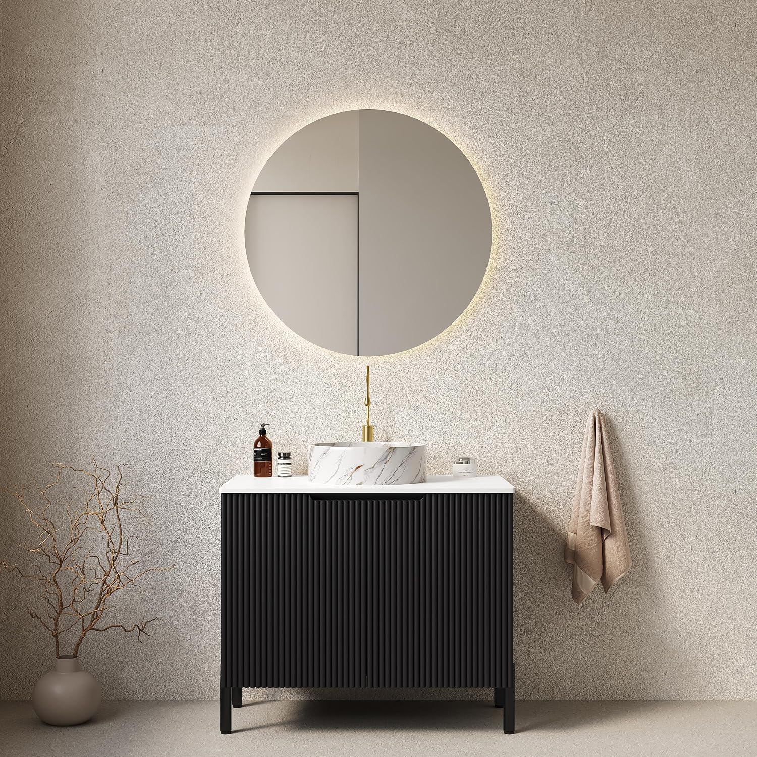 30' Bathroom Vanity with Sink, Modern Bathroom Vanities with 2 Soft-Closing Doors, Freestanding Bathroom Cabinet with Round Ceramic Basin & Carrara White Counter Top-Colmar, Black/R