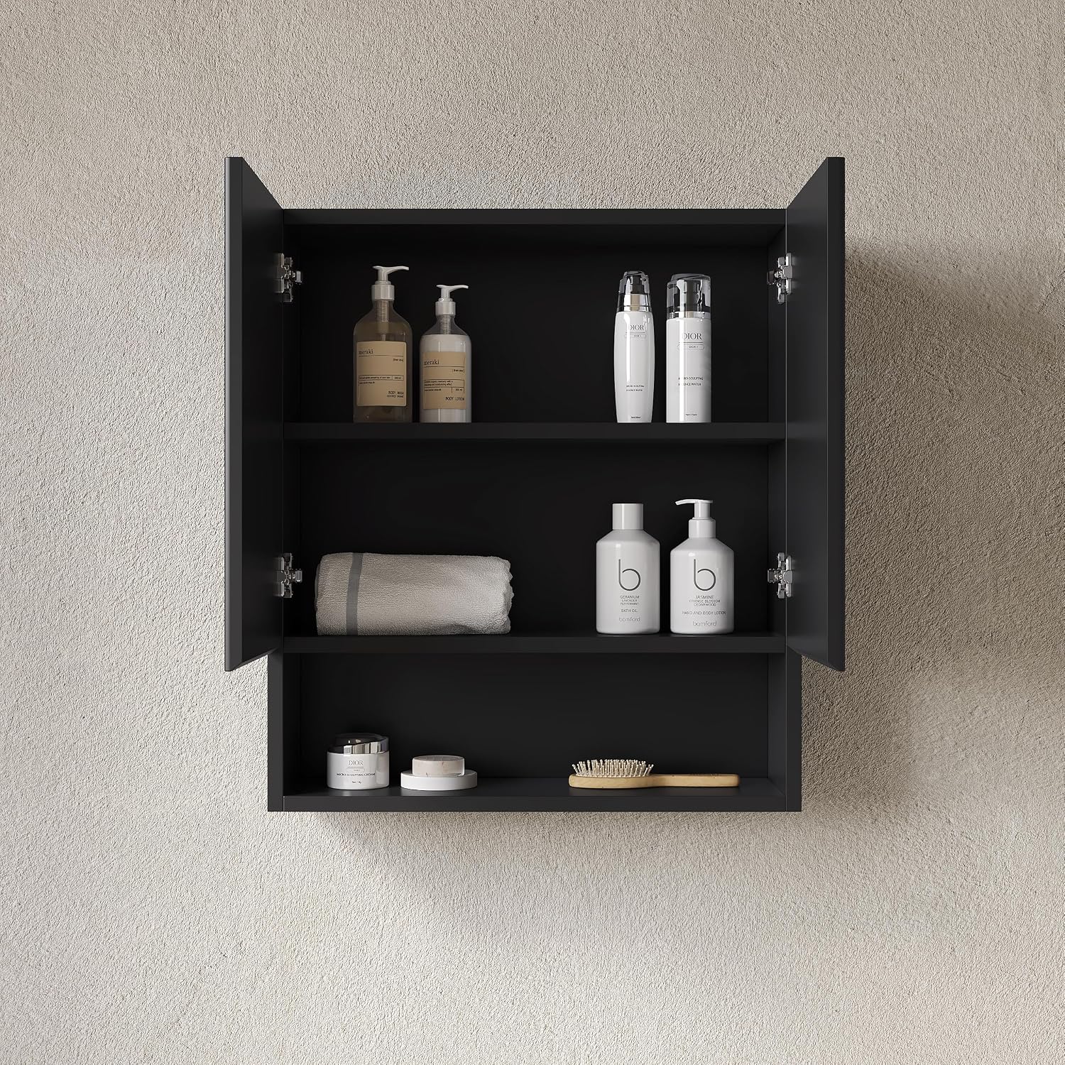 26' Wall-Mounted Striped Bathroom Cabinet, with Doors, Shelf and Open Storage Compartment Over The Toilet Storage Cabinet for Bathroom, Kitchen, Laundry Room, Black