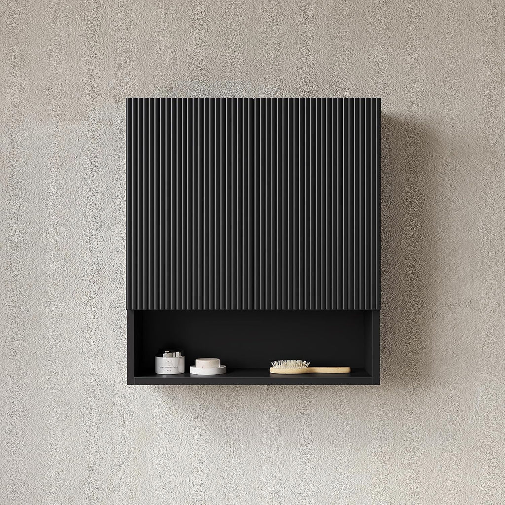 26' Wall-Mounted Striped Bathroom Cabinet, with Doors, Shelf and Open Storage Compartment Over The Toilet Storage Cabinet for Bathroom, Kitchen, Laundry Room, Black