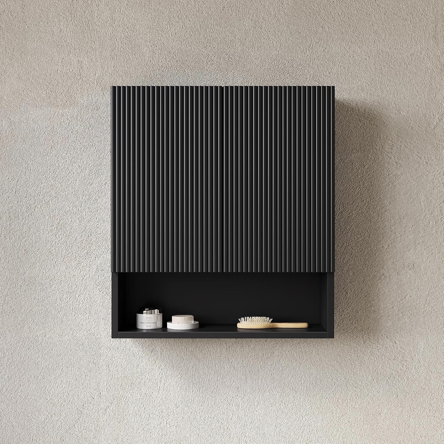 26' Wall-Mounted Striped Bathroom Cabinet, with Doors, Shelf and Open Storage Compartment Over The Toilet Storage Cabinet for Bathroom, Kitchen, Laundry Room, Black