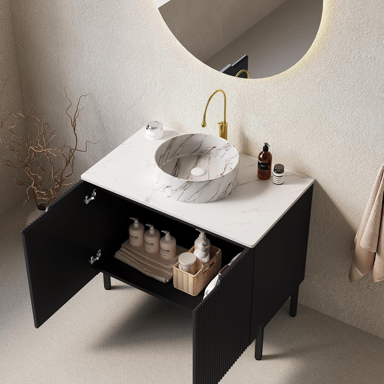 30' Bathroom Vanity with Sink, Modern Bathroom Vanities with 2 Soft-Closing Doors, Freestanding Bathroom Cabinet with Round Ceramic Basin & Carrara White Counter Top-Colmar, Black/R