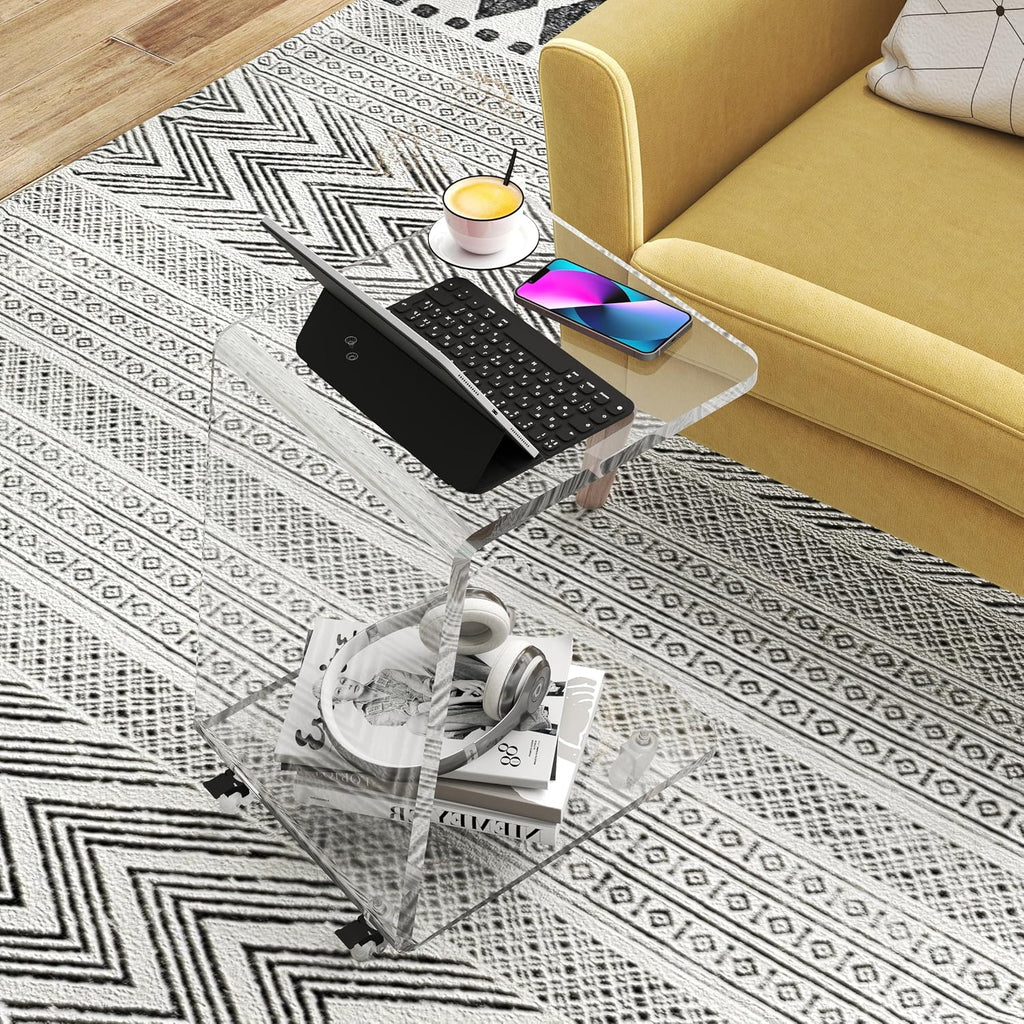 C Shaped Side Table for Sofa, Heavy Clear Acrylic Mobile End Table on Wheels, Modern Rolling Snack & Drink Use for Living Room & Bedroom, Space-Efficient Design with Sturdy Construction, 15mm Thick