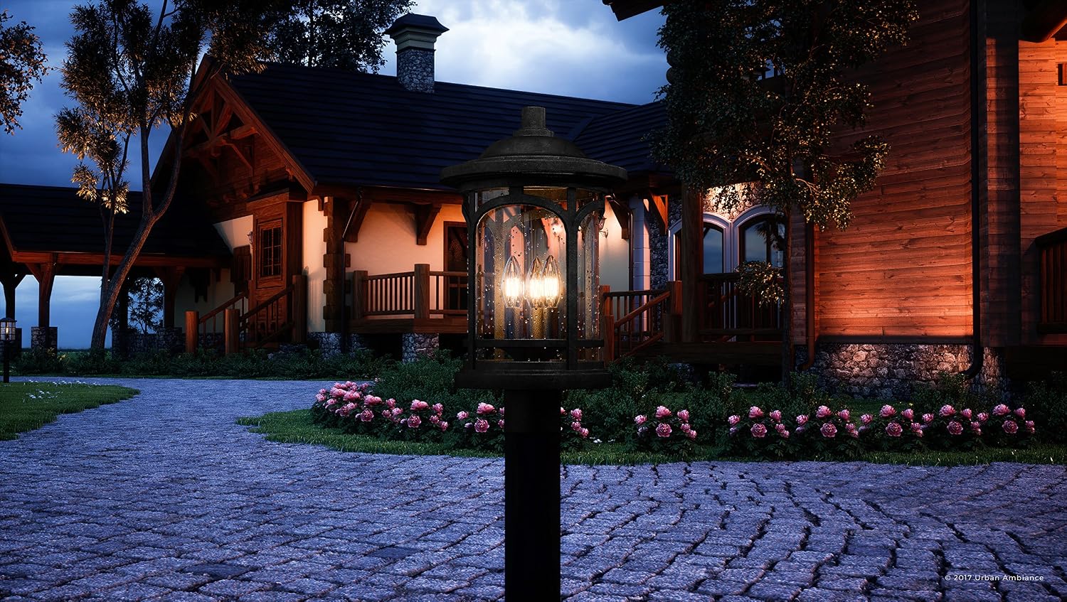 Urban Ambiance Luxury Rustic Outdoor Post Light, Medium Size: 19' H x 11' W, with Colonial Style Elements, Wrought Iron Design, High-End Black Silk Finish and Seeded Glass, UQL1106
