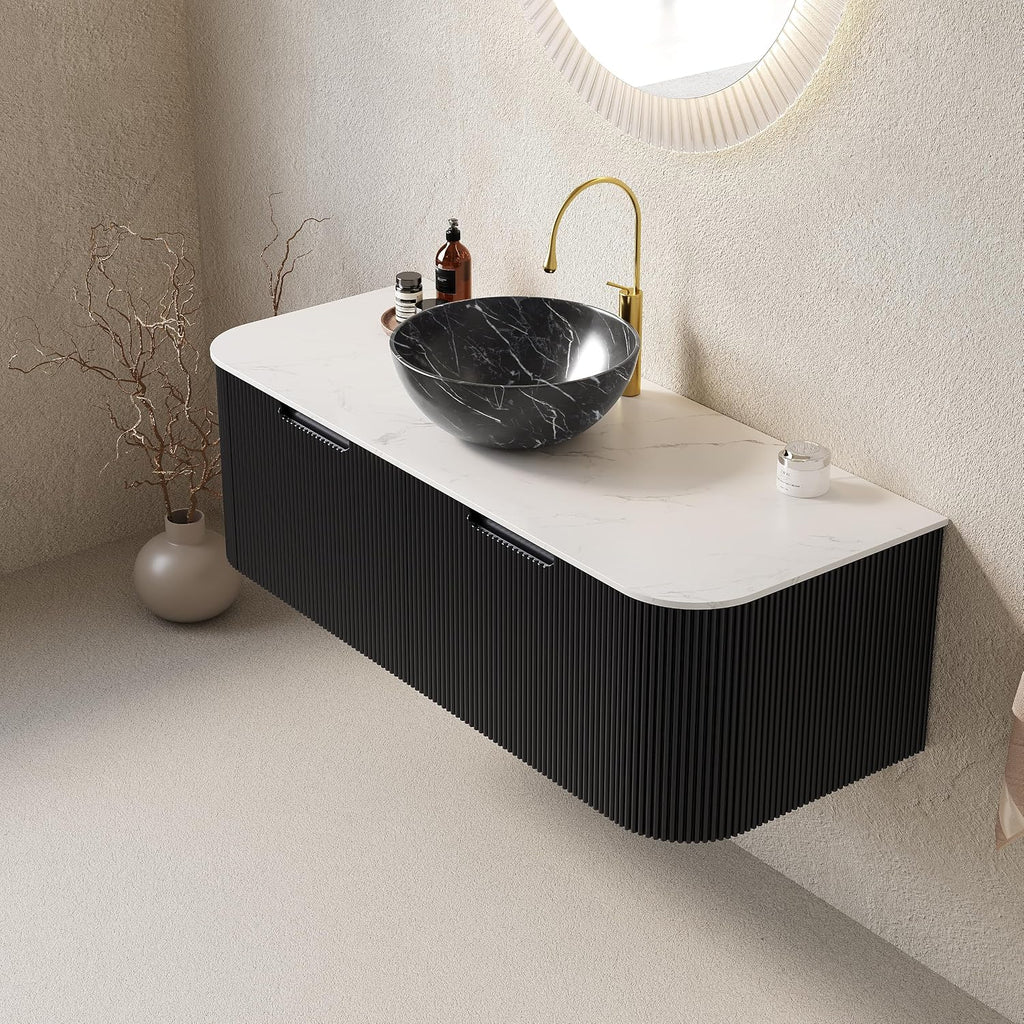 48' Floating Bathroom Vanity with Sink, Plywood Bathroom Vanities with Ultra-Thin Marble Ceramic Basin and Top, 2 Large Soft-Closing Storage Drawers, Pre-Assembled Cabinet, Gloss Black